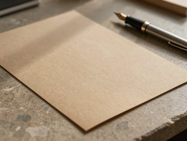 Close-up of high-quality heavy sand-colored paper and a classic fountain pen on a warm stone desk. Soft directional side-light casting elegant shadows, minimalist architectural lines.