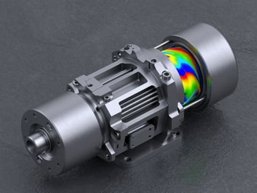 Detailed 3D CAD model of an industrial planetary gearbox assembly, isometric close-up, sharp metallic details, slate background.