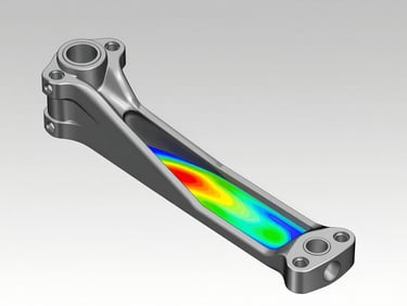 FEA stress heatmap of an automotive suspension control arm under load, colorful contours indicating stress concentrations, clean technical render.