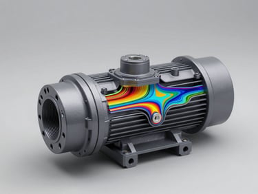 A precise technical 3D CAD render of an industrial pump assembly, showing colorful CFD simulation contours of fluid-flow streamlines, high-contrast neutral studio background