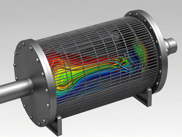 CFD fluid-flow simulation contours inside an industrial heat exchanger, colorful streamlines showing velocity vectors, high-contrast rendering.