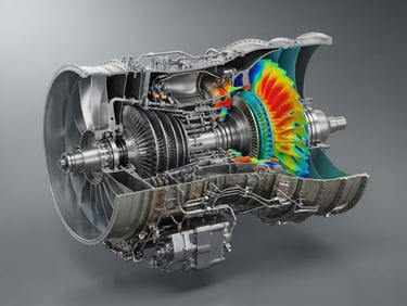 Precise technical 3D CAD render of an aerospace turbine assembly, sharp details, high-contrast neutral studio lighting.