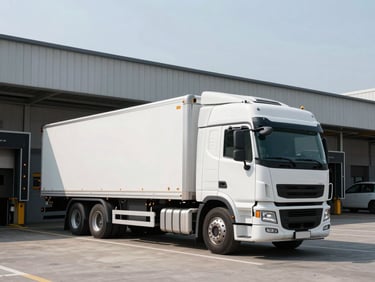Wide-angle shot of a clean, modern white bulk transport truck parked next to a high-tech loading terminal, sharp lines, bright midday sun, zero atmospheric haze.