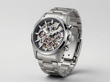 Cinematic studio product photography of a premium mechanical watch, sharp focus, technical wireframe overlay on one half, clean neutral lighting, 8k resolution
