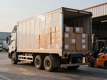 Wide shot of a truck being loaded with boxed goods at a warehouse dock in Cavite, forklift visible to the side, late afternoon natural light casting long shadows
