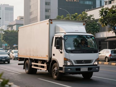 Street-level view of a cargo truck navigating a busy Metro Manila road at early morning, surrounding urban buildings visible, natural daylight, driver alert at the wheel