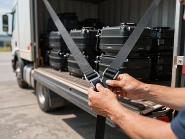 Close-up of a driver's hands securing cargo straps on a truck bed at a loading dock in natural daylight, freight stacked behind, concrete dock visible