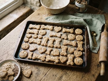 Overhead flat-lay of rustic dog biscuits on a baking sheet, warm natural window light, soft shadows, sage green textile accents.