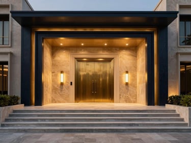 Grand entrance of an ultra-luxury modern estate in Dubai, warm architectural lighting, minimalist stone steps, brass double doors
