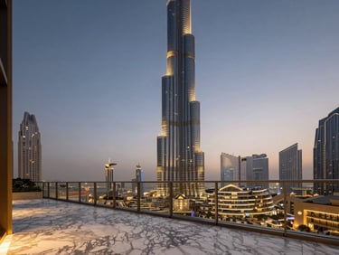 Architectural close-up of a luxury Downtown Dubai penthouse balcony overlooking the Burj Khalifa at twilight, soft ambient lighting, marble terrace.