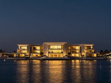 Luxurious architectural photography of a waterfront villa on Palm Jumeirah at dusk, warm gold lights reflecting on calm water, deep navy sky, cinematic wide-angle lens