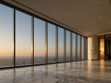 Minimalist interior of a luxury penthouse in Dubai, floor-to-ceiling windows, soft golden hour light illuminating marble floors and brass details, cinematic perspective