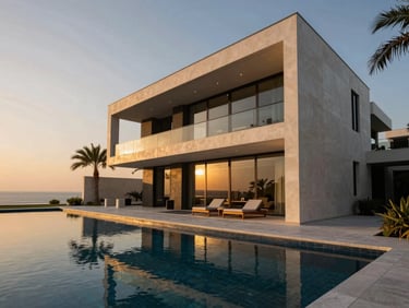Sleek modern villa exterior on Palm Jumeirah at golden hour, private pool reflecting palms, minimalist architectural lines, cinematic lighting