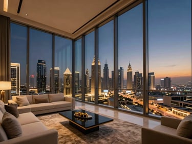 Ultra-luxury penthouse living room with floor-to-ceiling glass walls overlooking the glowing Dubai skyline at twilight, deep navy and warm gold tones