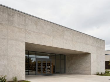 Wide shot of a modern concrete civic library entrance, clean geometric lines, diffused overcast sky, editorial architectural photography