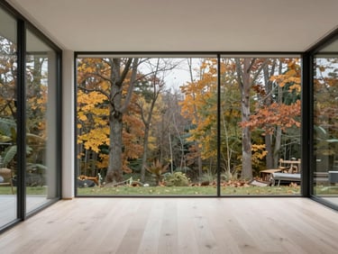 Interior of a modern living volume, white oak floor, floor-to-ceiling glass framing autumn woods, soft diffused daylight, 35mm architectural lens