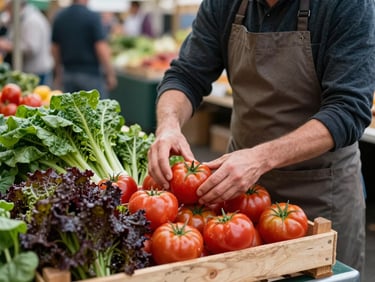 A side-lit, Scandinavian-style shot of a market vendor in an apron carefully arranging fresh heirloom tomatoes and dark leafy greens on a wooden crate.