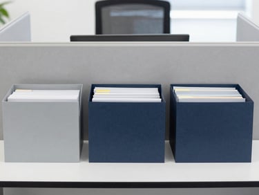 Straight-on architectural shot of a clean, organized office desk with structured document folders, bright neutral daylight, cool slate tones