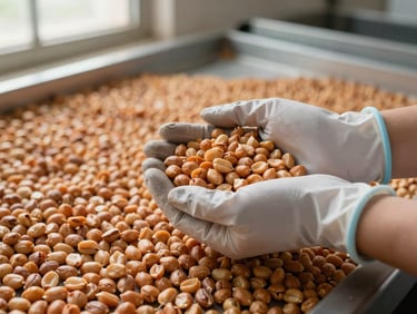 Gloved hands cupping a batch of shelled peanuts over a grading table in a sorting facility, natural light from a high window, warm ochre tones of the kernels