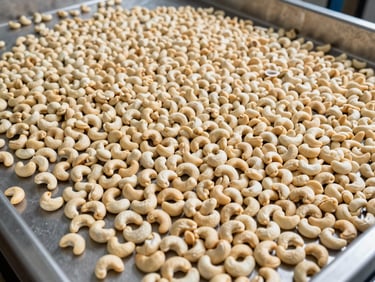 Wide overhead view of raw cashew kernels spread on a stainless grading surface in a processing facility, natural daylight, pale cream color with visible grade uniformity