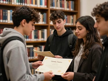 Warm editorial photography of young Egyptian-Italian students receiving academic certificates in a historic library in Brescia, authentic moments, 35mm.