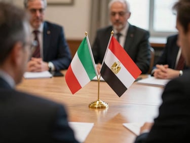 Warm editorial photography of an official consular meeting desk in Brescia, displaying small Italian and Egyptian flags, soft depth of field, natural light.