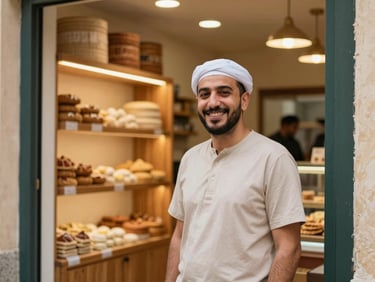 Warm editorial photography of a local Egyptian entrepreneur smiling inside his modern artisanal bakery in Brescia, warm environmental lighting, 35mm.