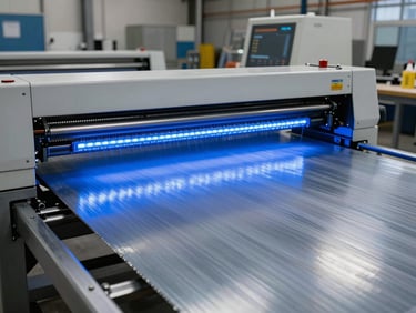 Wide angle of an industrial UV flatbed printer in motion, curing intense blue light onto a large galvanized steel sheet, raw workshop environment with heavy machinery.