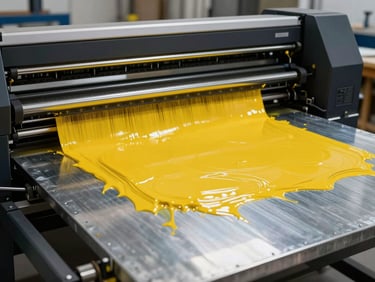 Close-up of a heavy UV flatbed printer in motion, curing vivid yellow ink on a galvanized steel sign plate under high-contrast workshop lighting.