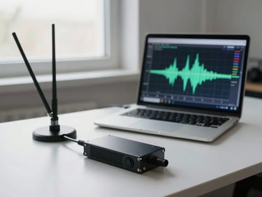 Wide shot of a signal intelligence workspace — software-defined radio dongle and directional antenna laid on a desk beside a laptop displaying spectrum waterfall graphs, neutral daylight from a window, no people visible