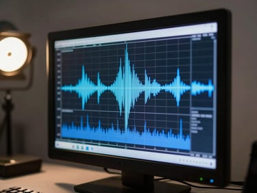 Close-up of a spectrum analyzer screen showing a dense signal waterfall, annotated frequency bands in blue, cool studio light from the left, sharp detail on the display, workspace in soft focus behind, no faces