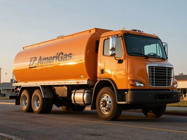 Low-angle dynamic shot of a pristine branded AmeriGas propane delivery truck parked on clean asphalt under high-contrast golden hour sunlight, warm amber undertones.