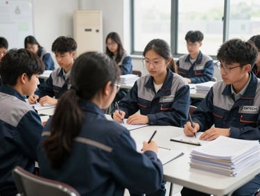 Students in GMTECH branded workwear engaged in a simulated job interview or networking event, professional and focused.