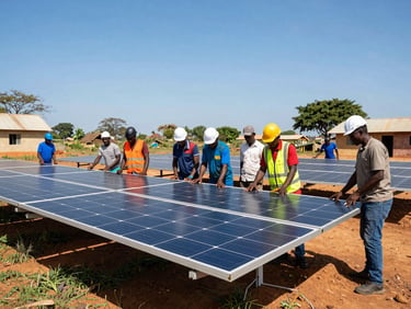 Engineers on-site overseeing the installation of a solar mini-grid in a rural Cameroonian community, clear blue sky, active work.
