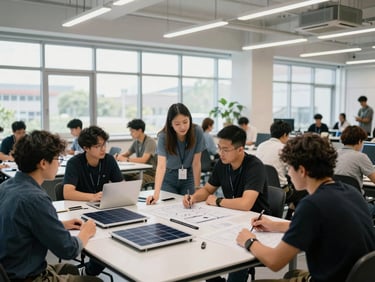 Wide shot of a modern, collaborative incubation lab, young entrepreneurs discussing blueprints, solar panel models on tables, bright natural light.