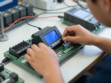 Close-up of student hands programming a PLC board in a well-lit workshop, blue screen glow, focused, industrial setting.