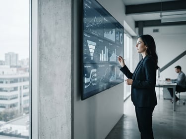 Wide shot of a B2B analytics dashboard showing pipeline growth metrics, sharp editorial photography, high-contrast natural daylight, cool desaturated tones, 35mm lens, subject off-center to the right, generous negative space on the left.