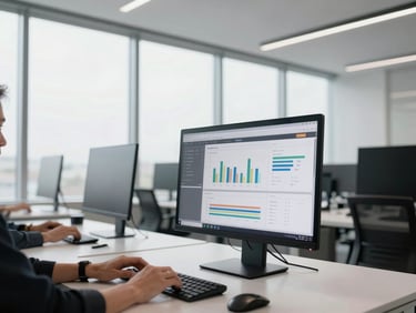 Wide-angle architectural shot of a modern, minimalist office space with a large monitor displaying content analytics, a team member's hands visible on a keyboard. High contrast, natural window light.