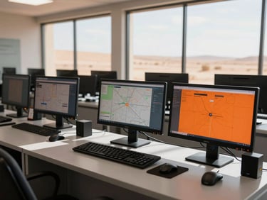 Interior shot of a modern dispatch office with multiple monitors displaying maps and data, focused on a clean workstation, harsh desert sunlight, high-contrast slate and safety-orange tones, sharp focus, 35mm