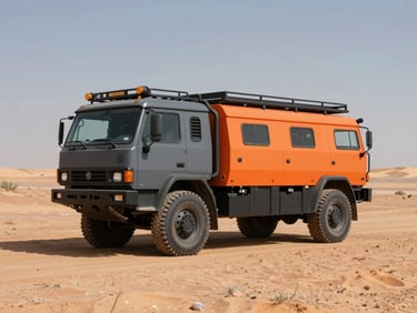 Specialized field vehicle, a heavy-duty truck with custom equipment racks and off-road tires, parked in a remote desert landscape under harsh sunlight, high-contrast slate and safety-orange tones, sharp focus, 35mm