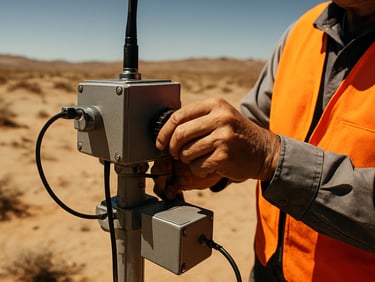 Close-up of a field hydrologist's hands adjusting a piece of complex telemetry equipment in a desert setting, harsh desert sunlight, high-contrast slate and safety-orange tones, sharp focus, 35mm