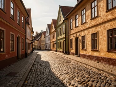 Charming cobblestone street in a historic European old town, warm afternoon sun, rich saturated tones
