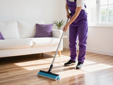 Bright commercial photography of a clean, organized living room after a professional cleanout, sunlight reflecting off polished wood floors, 35mm