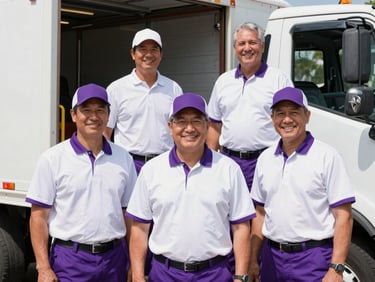 A friendly, professional junk removal team standing together in clean uniforms beside their truck, smiling, bright Florida daylight, sharp focus