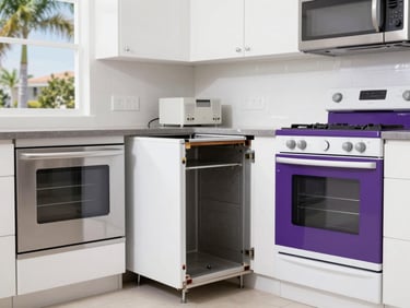 Bright commercial photography of a clean kitchen with modern appliances, open space where an old appliance was safely removed, natural light, 35mm
