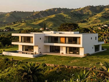 Premium architectural photography of a modern luxury villa in Kabulonga, warm golden-hour sunlight, rich green landscape