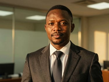 Close-up portrait of a professional Zambian man in a dark tailored suit, warm golden-hour sunlight, refined office background.