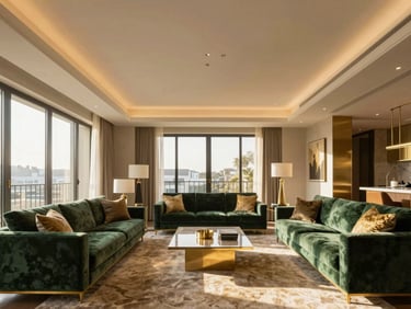 Interior design framing of a luxury furnished apartment living room, warm natural light, gold accents