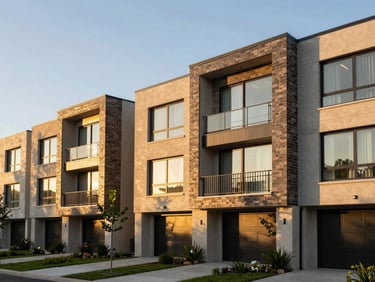 Exterior architectural shot of modern townhouses in Ibex Hill, warm golden-hour sunlight