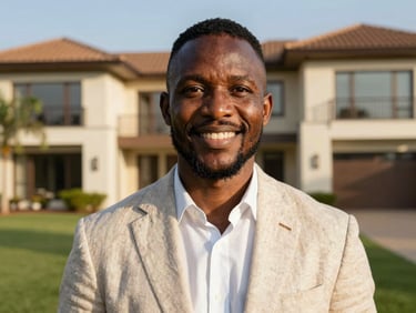 Close-up portrait of a smiling Zambian male broker in a light linen blazer, bright daylight, beautiful modern residential estate background.